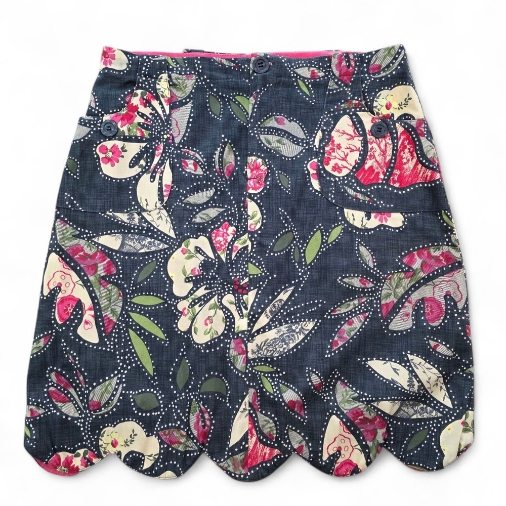 Central Falls Floral Cotton Skirt Grey Pink Green Scalloped Hem Size 8